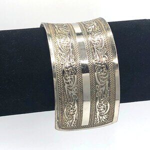 Vintage Silver Tone Wide Cuff Bracelet Etched Scrollwork, Boho Statement